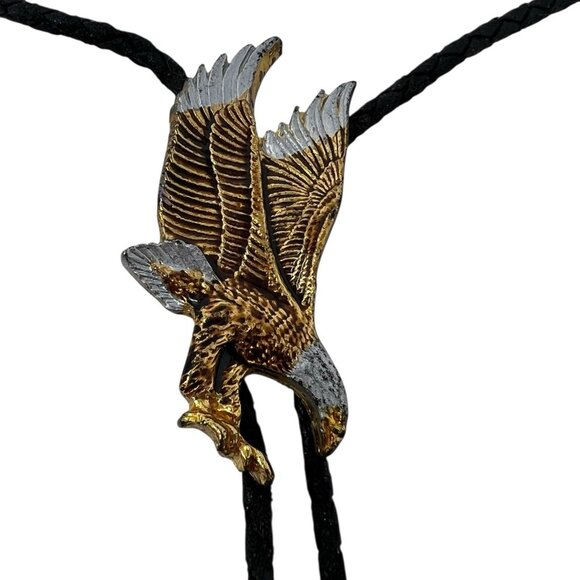 Vintage Bolo Western Tie Bald Eagle Gold Silver Retro Leather Braided Cord USA - Picture 2 of 4
